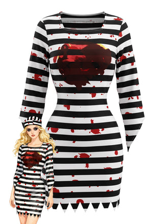 70er Halloween Sträflingskleid mit Blut-Print und Streifen