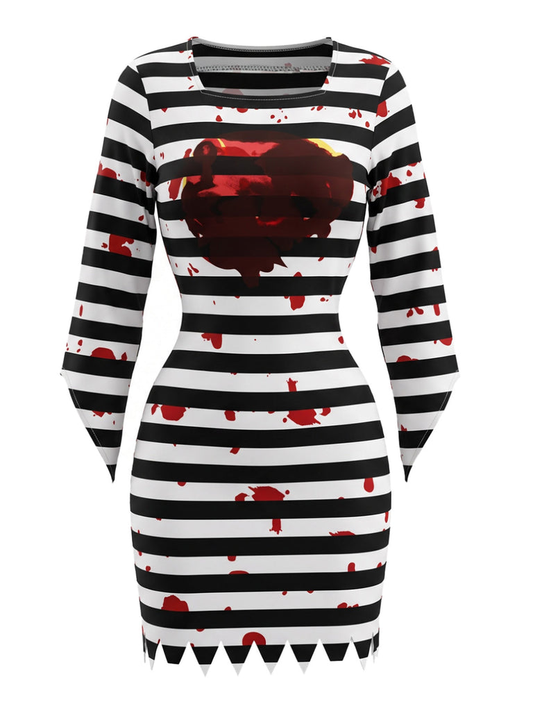 70er Halloween Sträflingskleid mit Blut-Print und Streifen