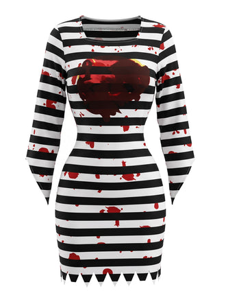 70er Halloween Sträflingskleid mit Blut-Print und Streifen