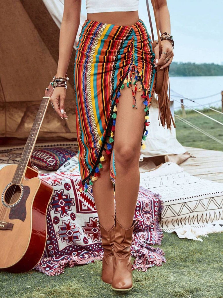 Regenbogen 70er Boho Netz-Rock & Cover-Up mit gerafft und Streifen