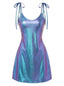Blau 1970er Lackleder Spaghetti Träger Mini Kleid
