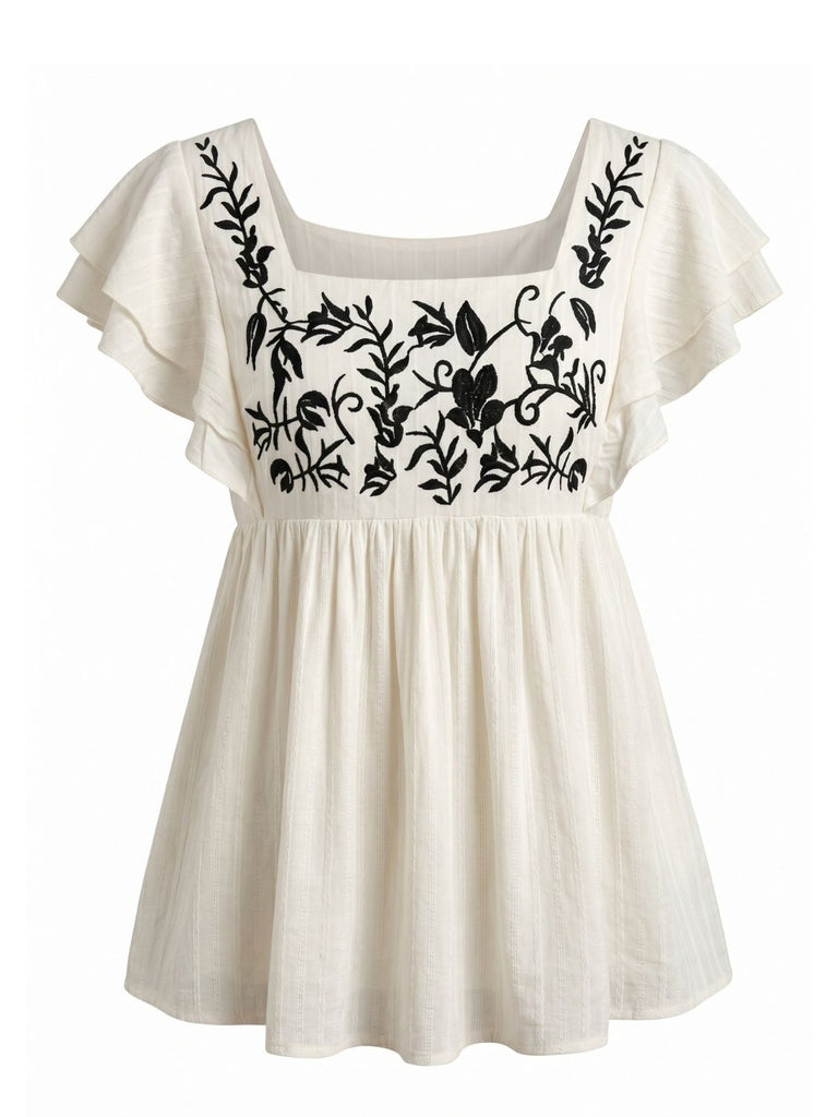 70er Top mit Flatterärmel und Blumen