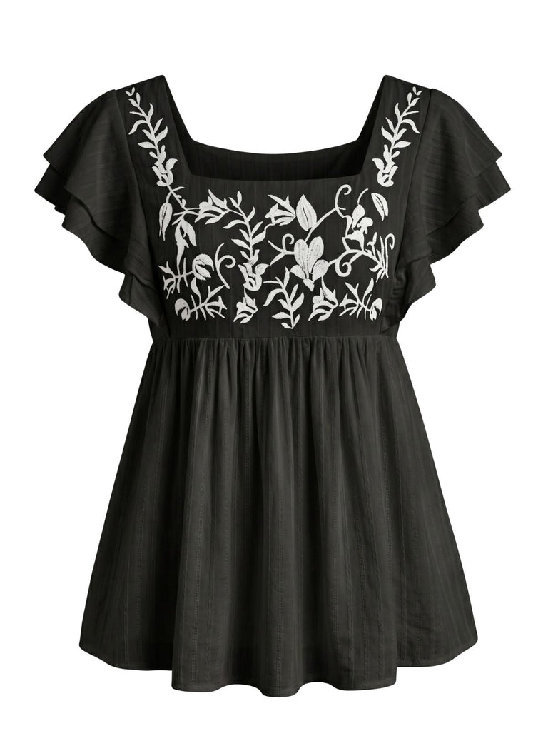 70er Top mit Flatterärmel und Blumen