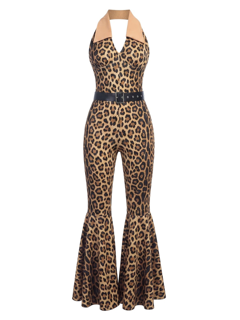 Leoparden-Printer & Brauner 70er Jumpsuit mit Neckholder und Patchwork