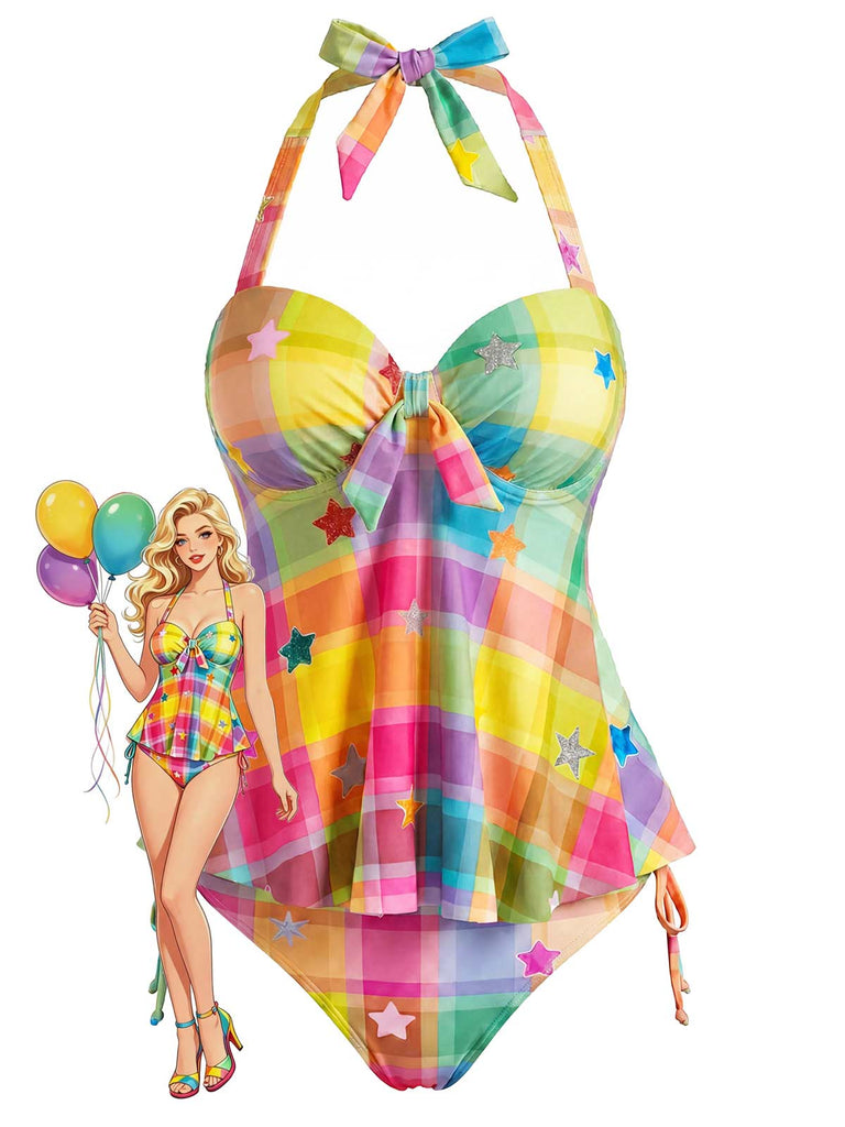 Regenbogen 70er Tankini-Set mit Neckholder und Stern