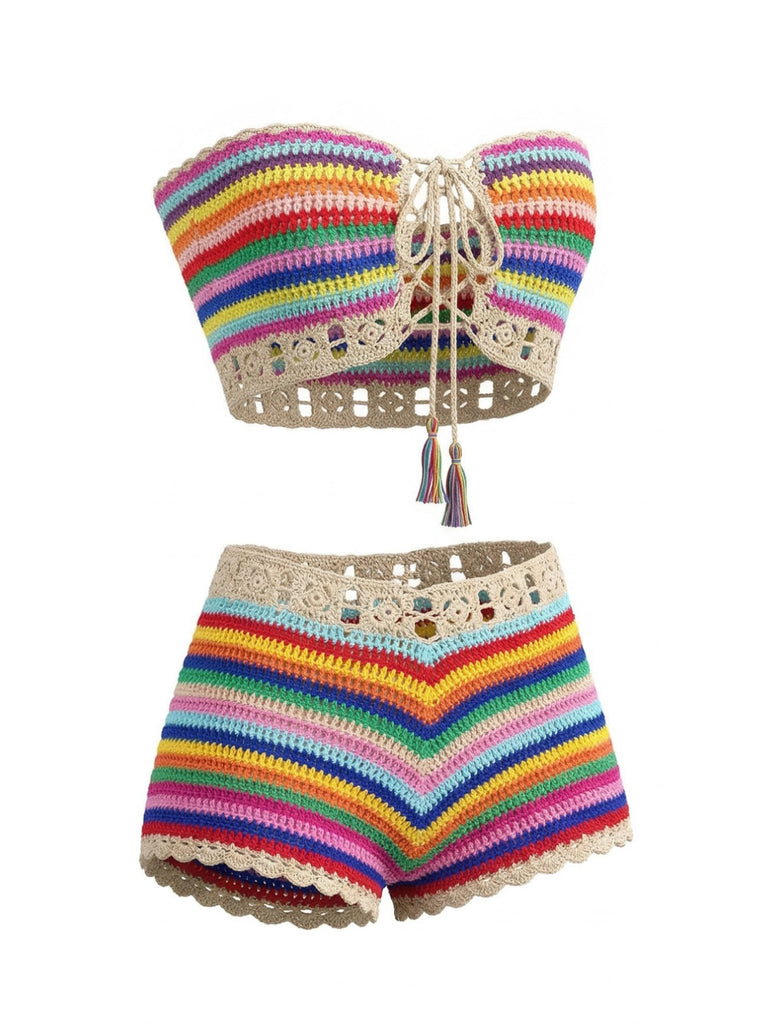 Regenbogenfarbenes, gehäkeltes Bandeau-Bikini-Set aus den 1970er Jahren – Vintage-Mode, Retro-Stil