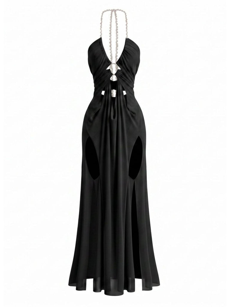 70er Netz-Maxikleid mit Neckholder und Cut-out