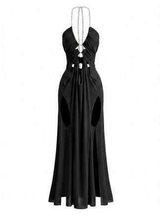 70er Netz-Maxikleid mit Neckholder und Cut-out