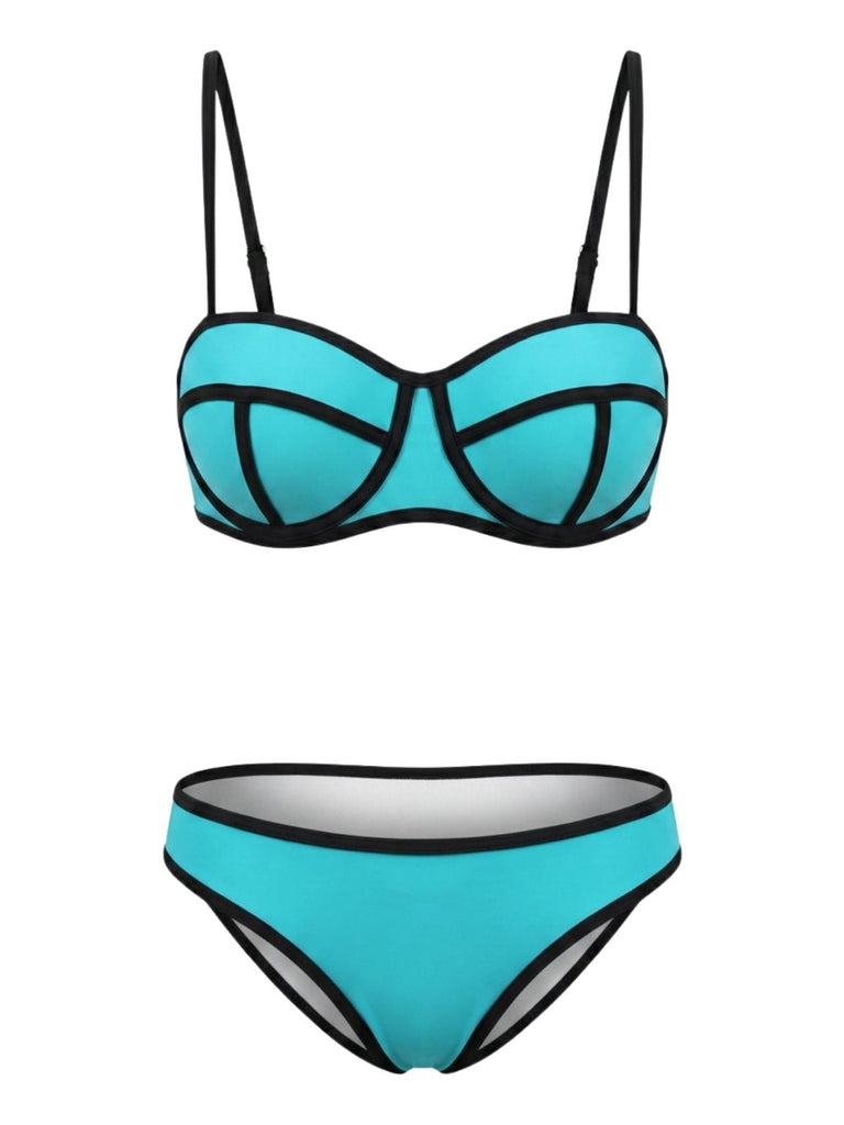70er Bikini-Set & Shorts mit Spaghettiträger und Farbblock