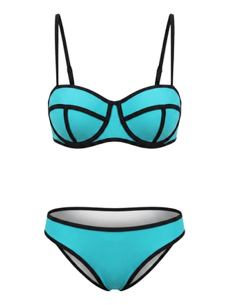 70er Bikini-Set & Shorts mit Spaghettiträger und Farbblock