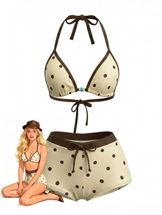 Creme Gelb 1980er Polka Punkt Halfter Bikini-Set
