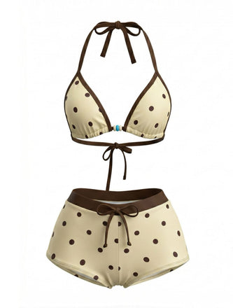 Creme Gelb 1980er Polka Punkt Halfter Bikini-Set
