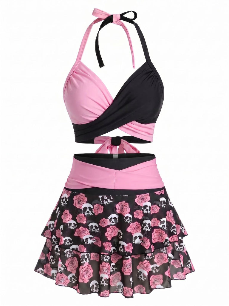 [Vorverkauf] Schwarzer & Rosa 80er Gothic-Badeanzug mit Totenkopf und Rose