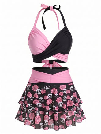 [Vorverkauf] Schwarzer & Rosa 80er Gothic-Badeanzug mit Totenkopf und Rose