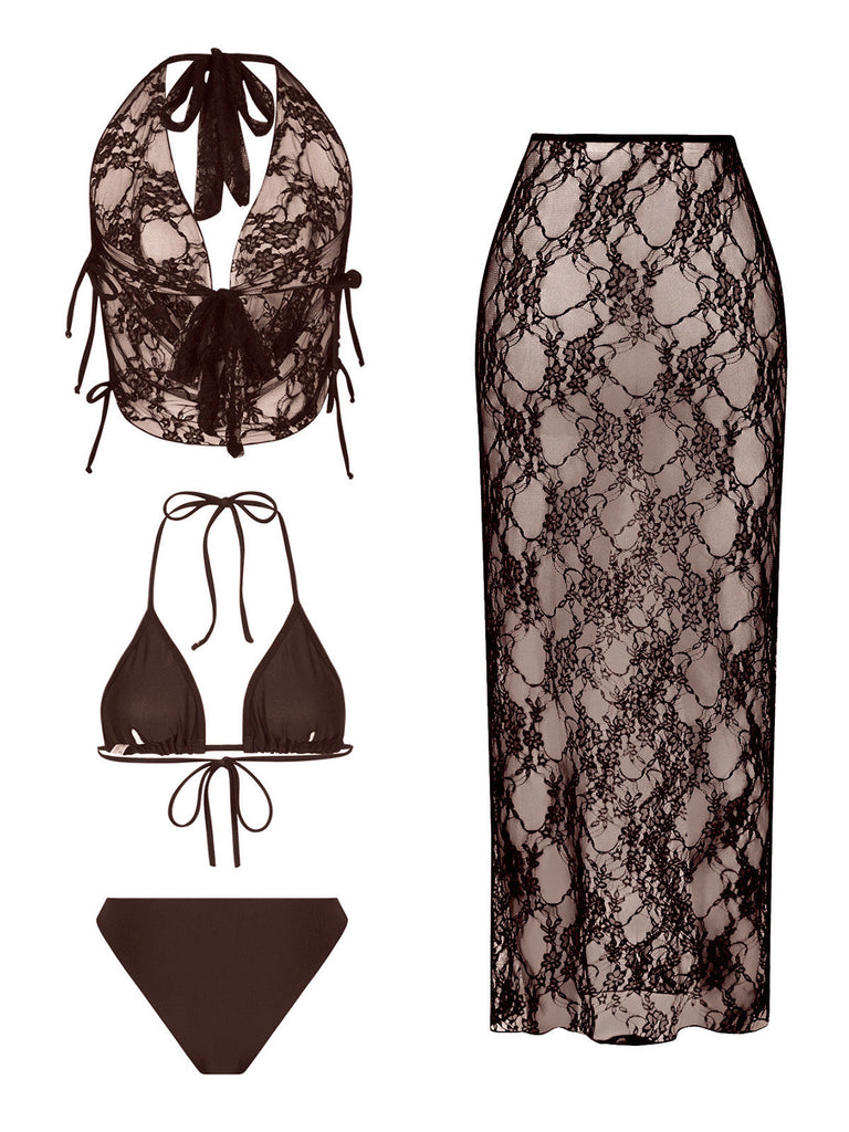 80er Bikini-Set & Cover-Up mit Spitze und 4 Stück