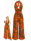 [Vorverkauf] 70er Jumpsuit mit Tropenblatt-Print und Neckholder
