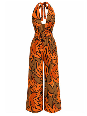 70er Tropen Jumpsuit mit Tiefer V-Ausschnitt und Neckholder