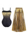 Schwarzer Badeanzug mit goldenem Glitzer und goldenem Faltenrock auf weißem Hintergrund