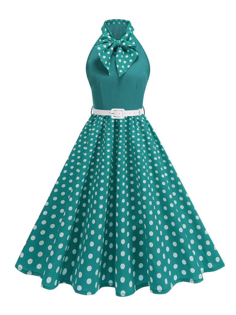 1950er Bogen Binde-Hals Polka Punkte Gürtel Kleid