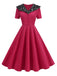 Rot 1950er Spitze Blumen Matrosen Kragen Swing Kleid