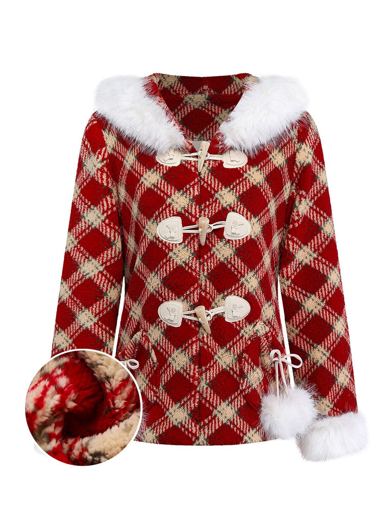 [Vorverkauf] Rot 1940er Abnehmbar Fur Kragen Plaid Fleece Mantel