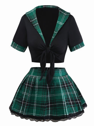 1980er Sexy Schnürung Karo Pyjama Set