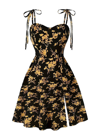 [Übergröße] Orange 1940er Kleine Blumen Spaghetti Träger Schnürung Kleid