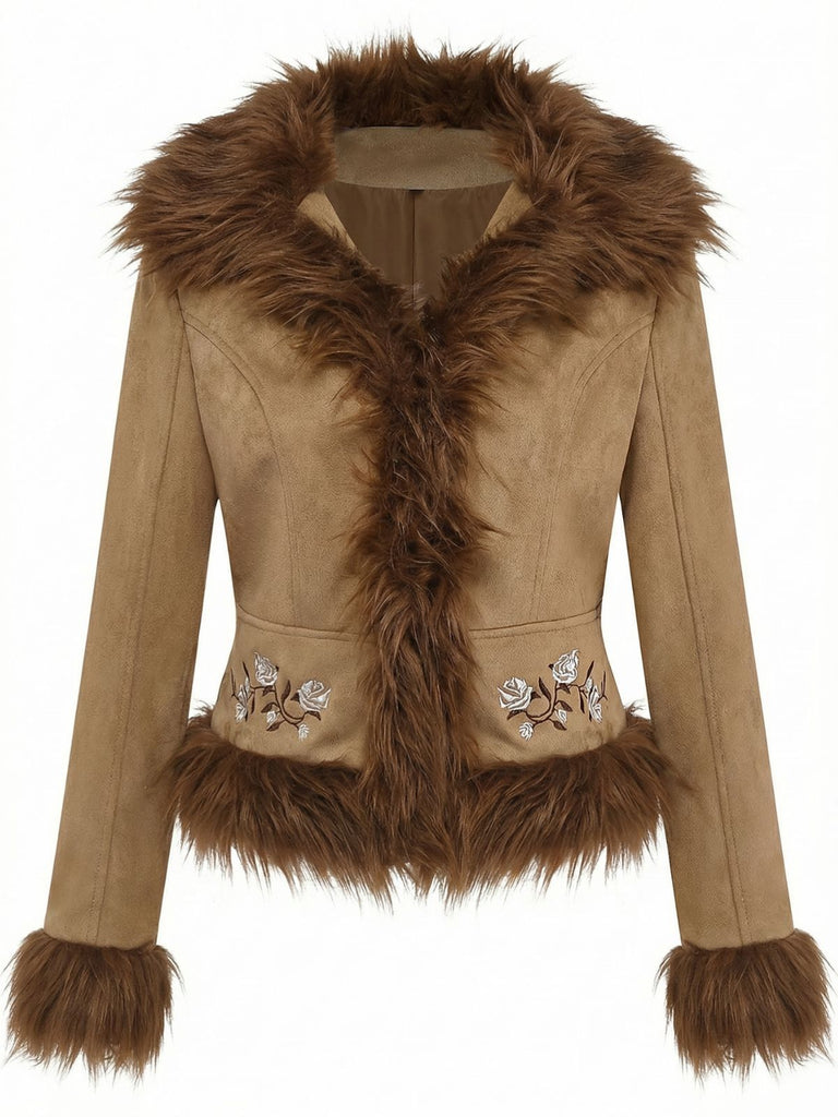 Braun 1970er Kunstwildleder Pelzbesatz Rose Bestickt Jacke