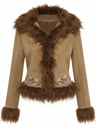 Braun 1970er Kunstwildleder Pelzbesatz Rose Bestickt Jacke