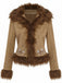 Braun 1970er Kunstwildleder Pelzbesatz Rose Bestickt Jacke