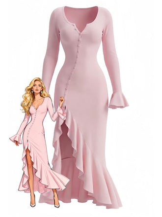 1930er Rüschen Taste Seiten Schlitz Midi Kleid