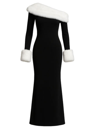 Schwarz 1980er Schulterfrei Pelz Besatz Kleid