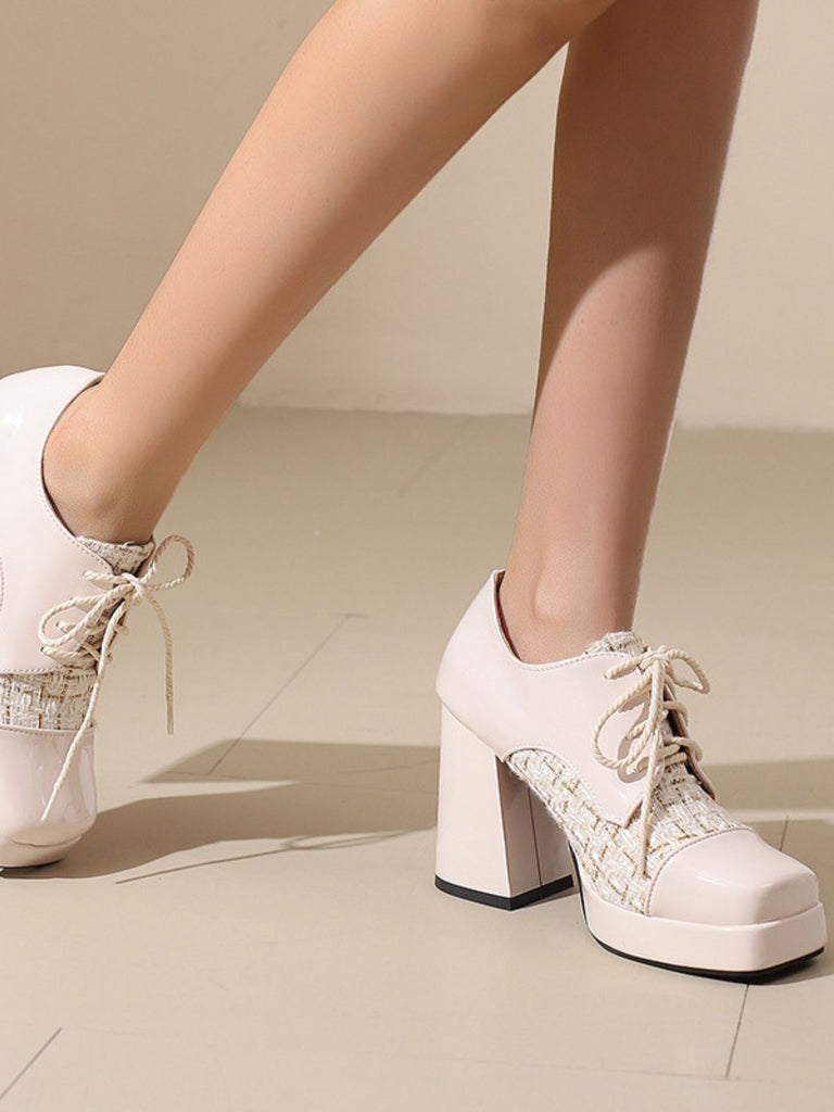 Mary Jane Kariert Quadratisch Zehen Block Absatz Schuhe