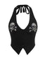 Schwarz 1950er Punk Halter Strassstein Schädel Taste Crop Top