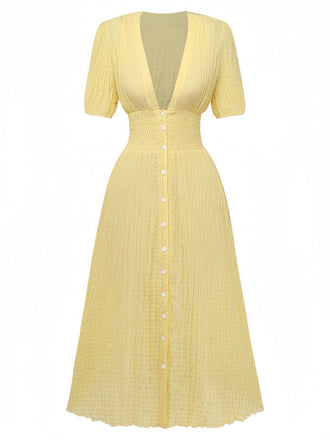 Gelb 1940er Puffärmel Durchgeknöpft Midi Kleid