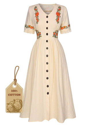 Beige 1940er V-Ausschnitt Knöpfen Blumen Kleid