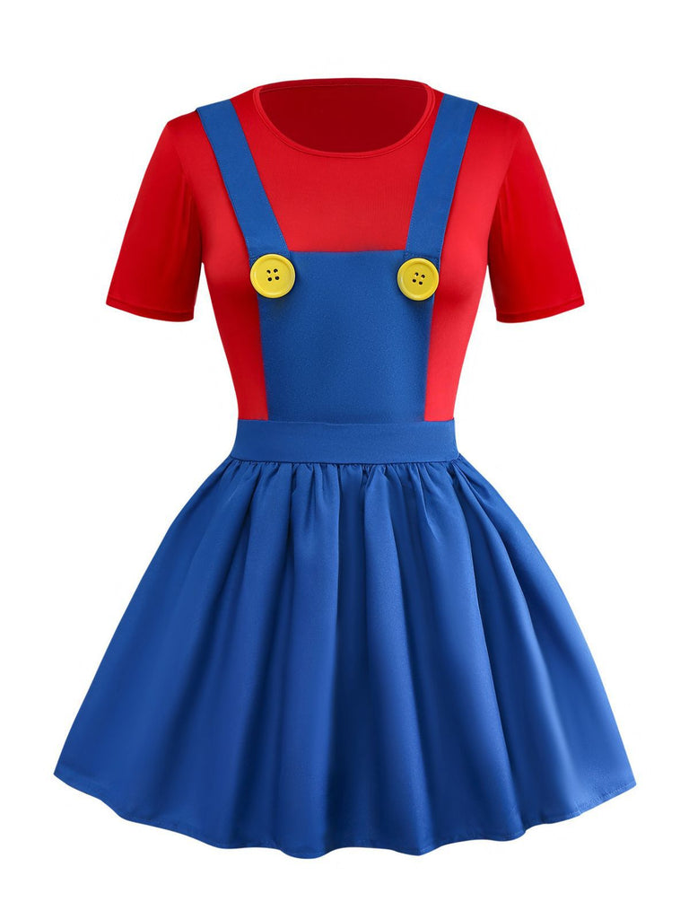 Rot & Blau 1970er Mario Latzkleid Set Mit Hut