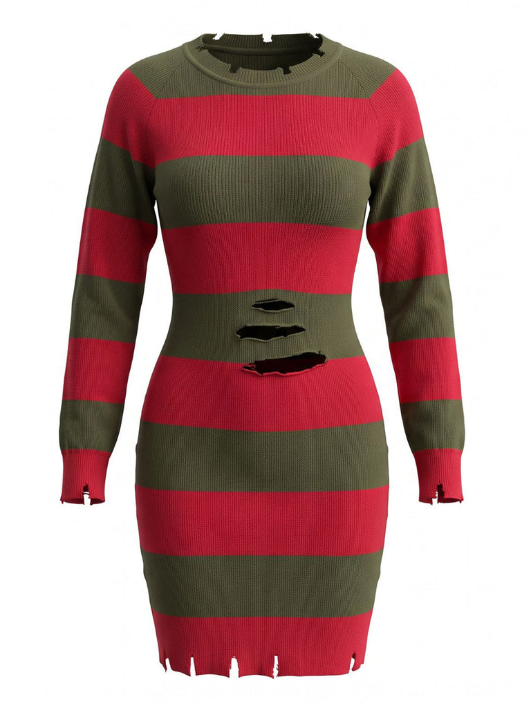 Rot-grünes 70er Freddy-Krueger Strickkleid mit Streifen