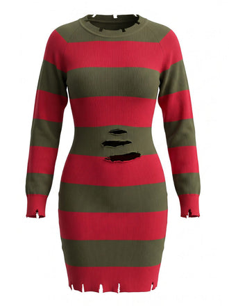 Rot-grünes 70er Freddy-Krueger Strickkleid mit Streifen