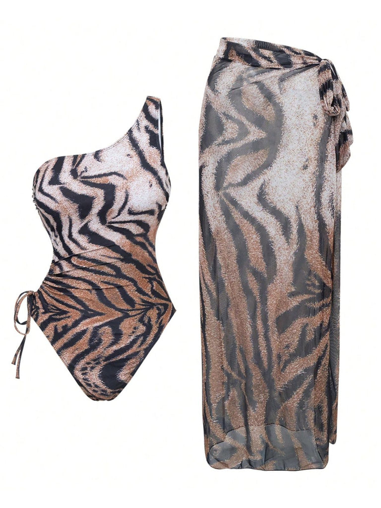 2PCS 1950er Tiger Eine Schulter Badeanzug & Cover-Up