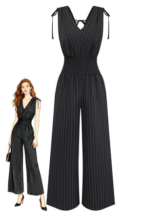 Schwarz 1950er Streifen Schulter-Bindung Gesmokt Taille Jumpsuit