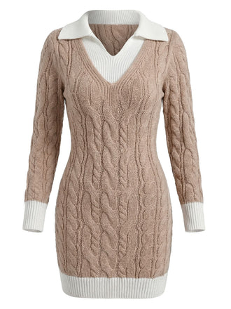 Beige 1960er Zopfmuster V-Ausschnitt Gestrickt Pullover Enges Kleid