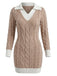 Beige 1960er Zopfmuster V-Ausschnitt Gestrickt Pullover Enges Kleid