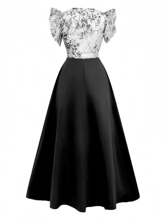 1930er Blumen Rüschenärmel V-Ausschnitt Patchwork Kleid