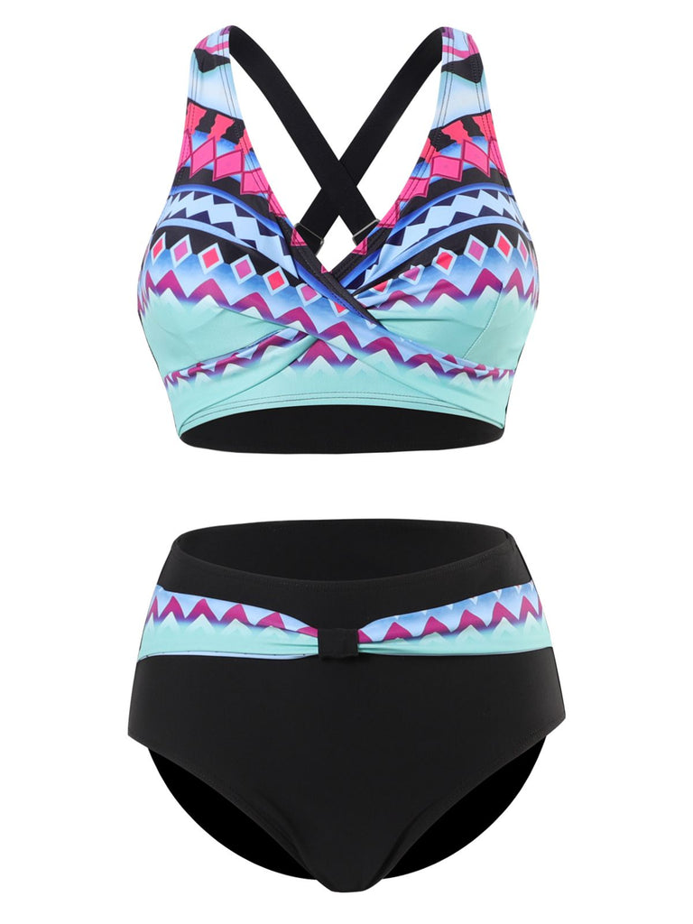 1940er Unregelmäßig bedrucktes Patchwork Bikini Set
