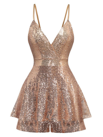 Beige 1960er Pailletten Riemchen V-Ausschnitt Culotte Romper