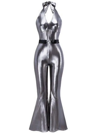 1970er Solide Metallisch Disko Halter Gürtel Jumpsuit