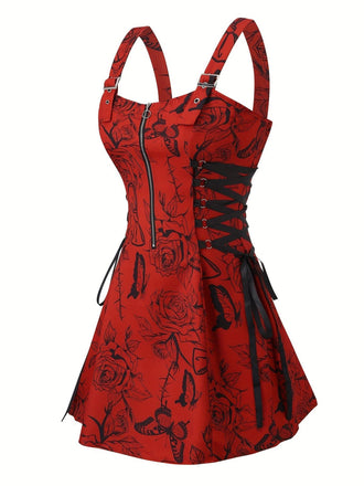 [Übergröße] 1970er Rose Blumen Steampunk Reißverschluss Kleid