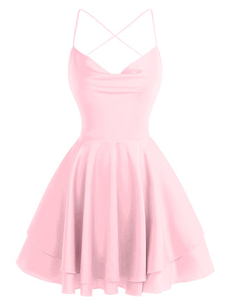 1960er Solide Satin Zurück Schnürung Mini Kleid