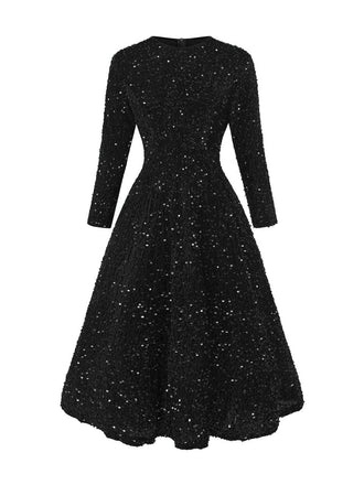 Schwarz 1940er Solide Pailletten Langarm Maxi Kleid